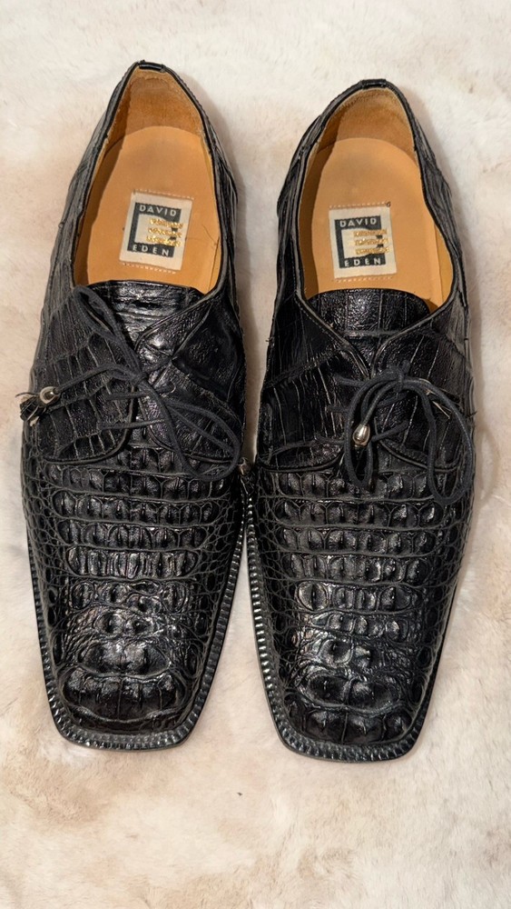 David Eden Men's Black Genuine Full Alligator Hornback Oxfords Size 12