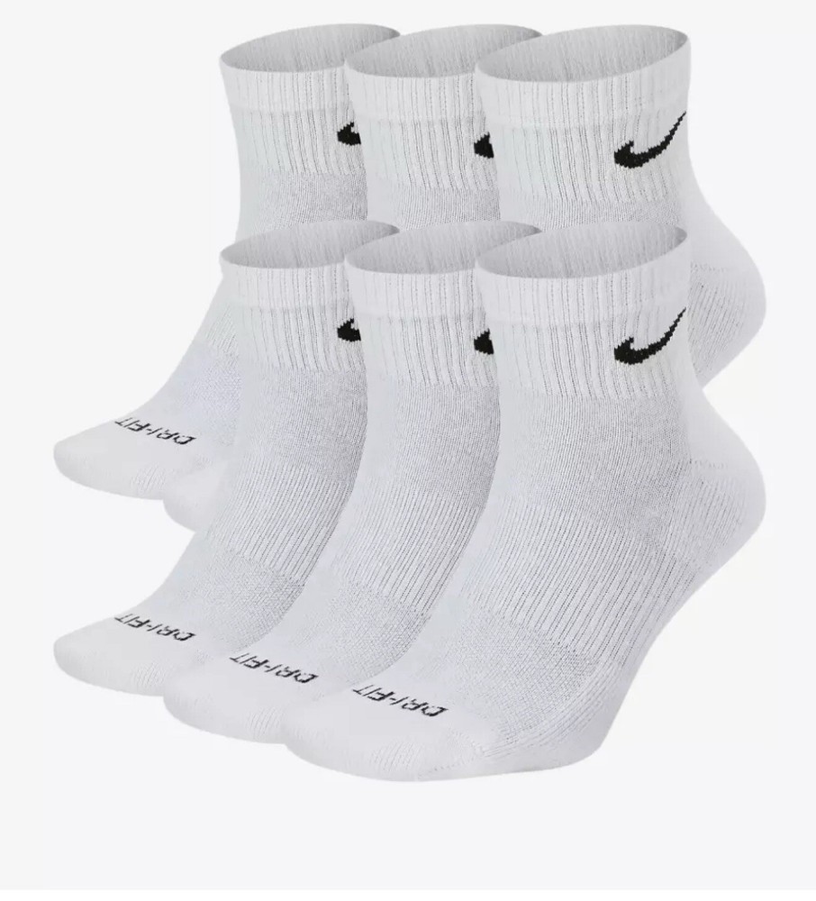 NIKE DRIFIT ANKLE UNISX EVERYDAY CUSHIONED TRAINING SOCKS,(6 PAIR),WHITE, LARGE