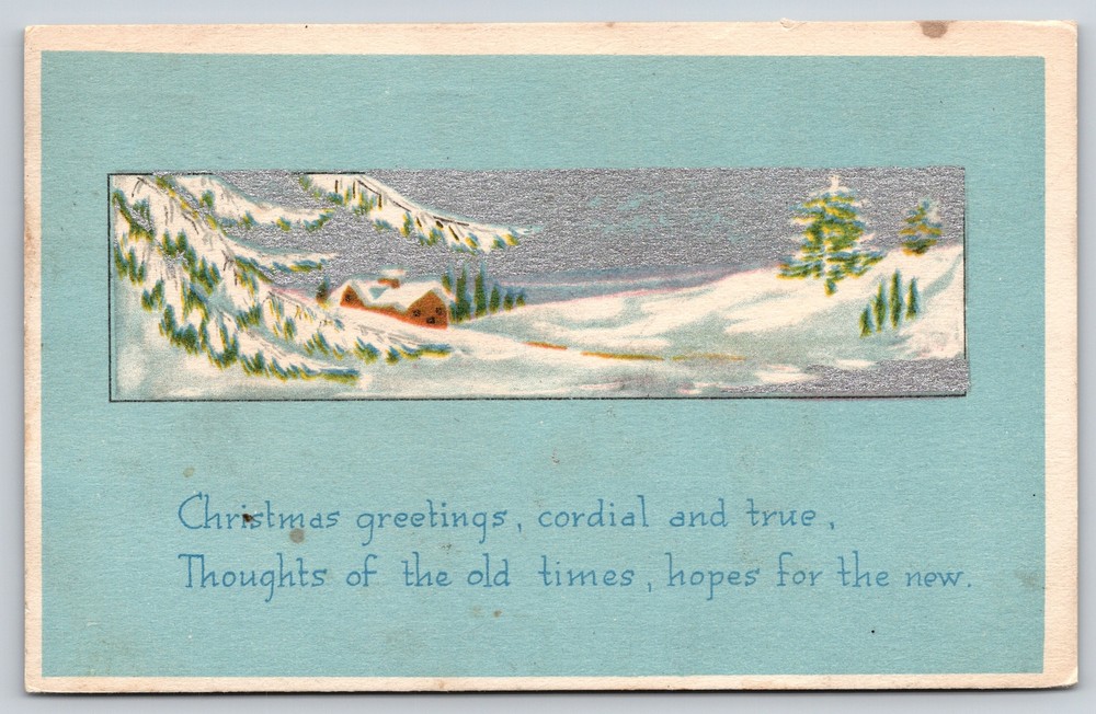 Christmas~Art Deco~Silver Sky Over Winter Home Scene~Lt Green Back~1917 Postcard