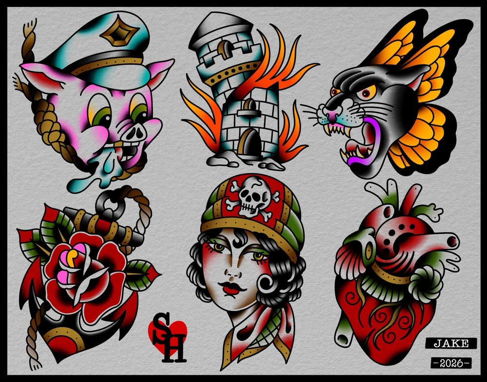 American Traditional Pigs Tattoo Flash Print 11x14