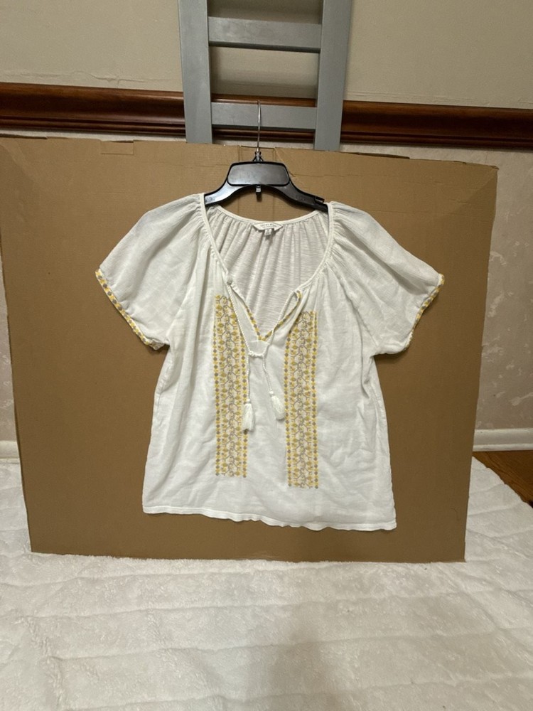 Lucky Brand Women's Size M White Embroidered Tassel Peasant Blouse
