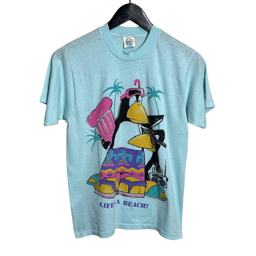 Vintage Cal Cru Life's A Beach Shirt Adult Sz M Blue Penguin 1987 80s Graphic