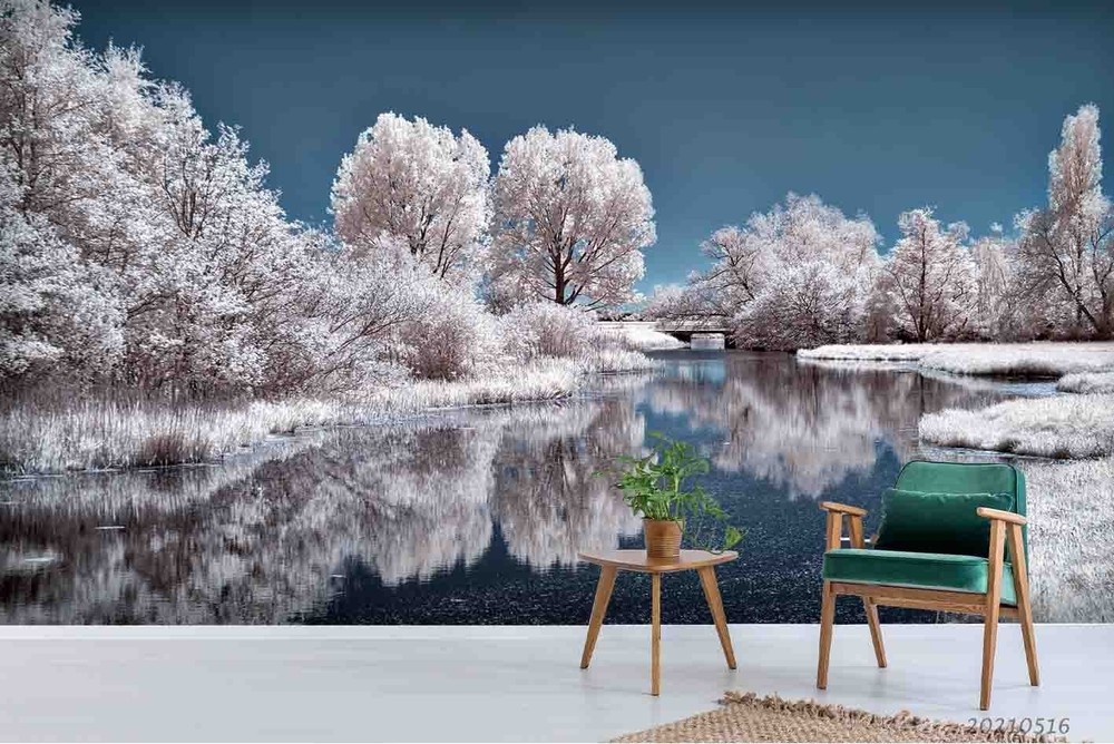 3D Forest River Winter Landscape Wall Murals Wallpaper Murals Wall Sticker