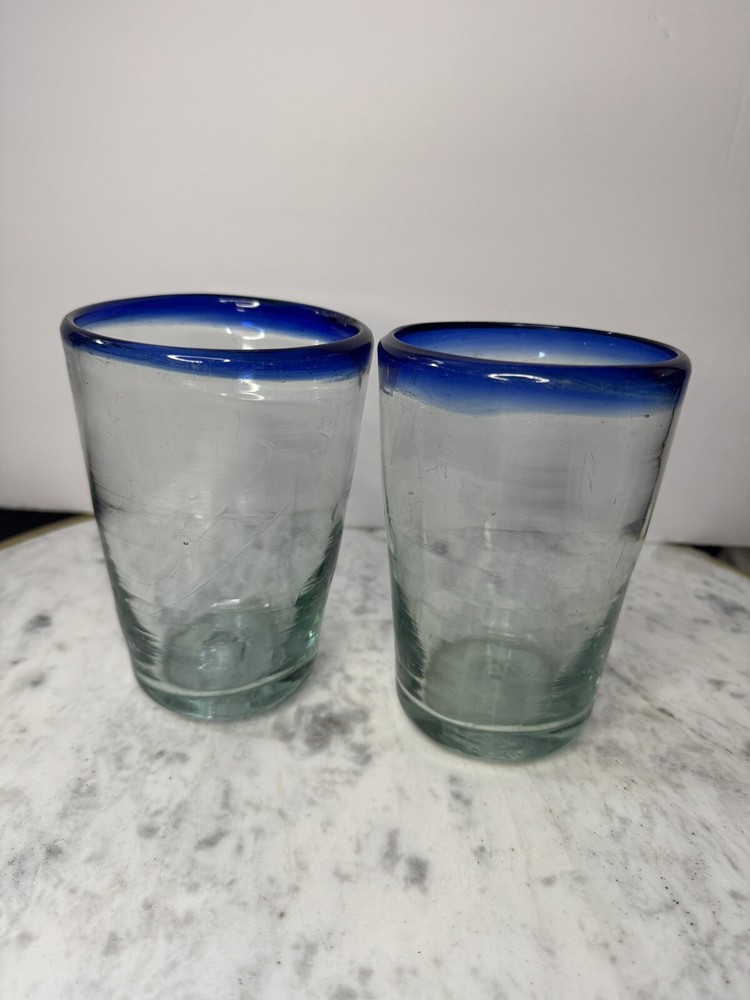 Mexican Hand Blown Tumbler Clear Glass Cobalt Blue Rim 5