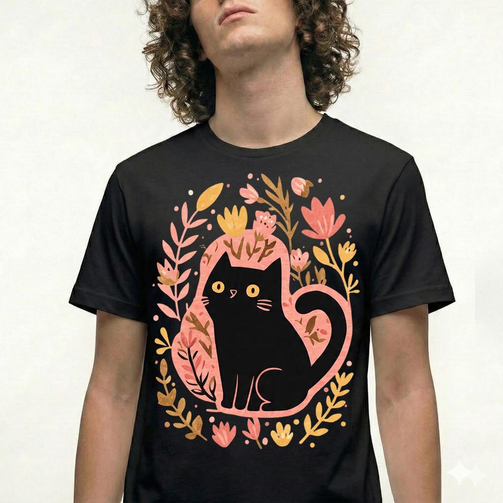 Black Cat Floral T-Shirt Vintage Cat Lover Retro Cute Tee Funny Gift