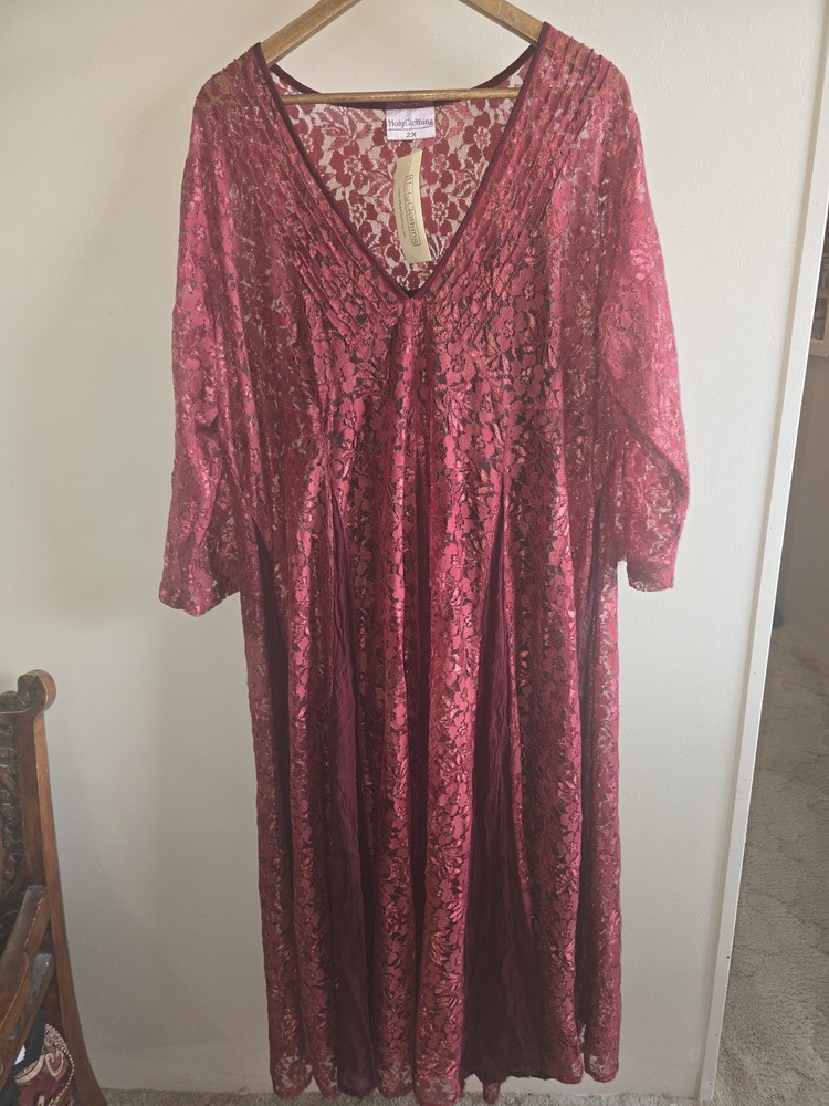 Women's NWT 2pc.  Holy Clothing Burgundy Lace Peasant Celtic Maxi Dress Size 2X