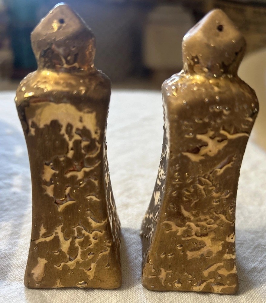 Vintage Gold Metallic Drip Glaze Salt Pepper Shakers MCM Regency