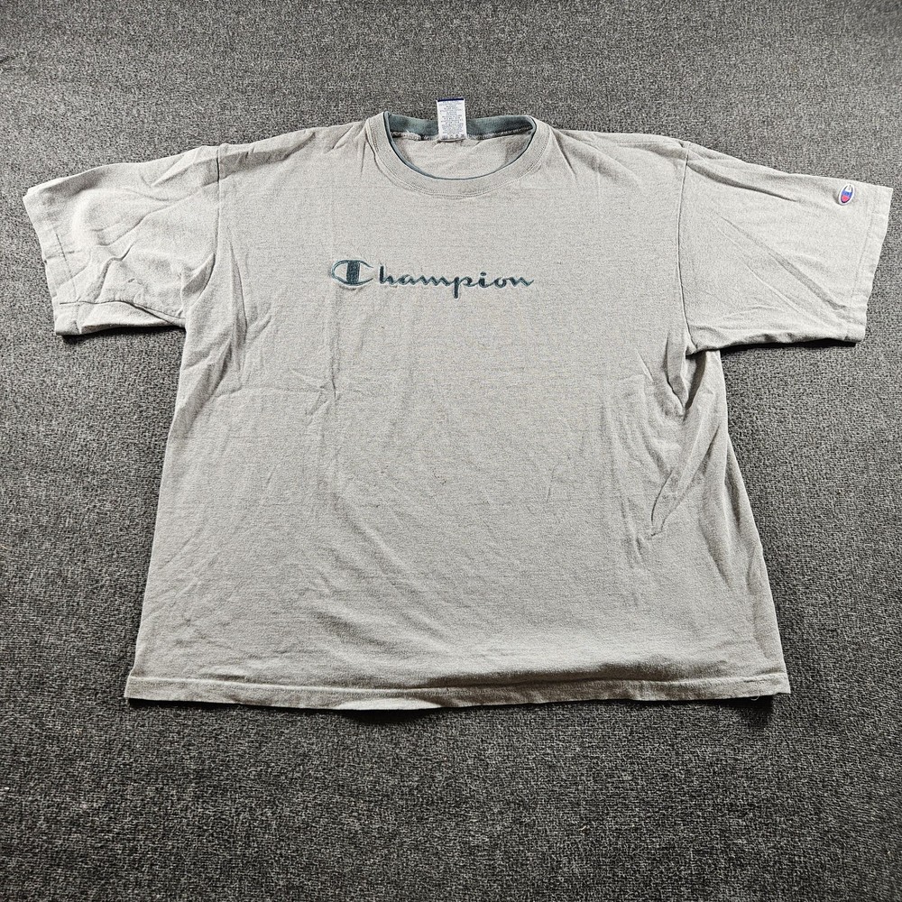 Vintage Champion Shirt Mens 2XL Gray Script Graphic Tee T-Shirt Made USA 90s