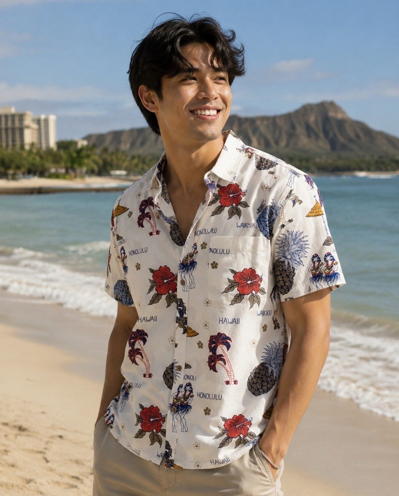 Denim & Flower Ricky Singh Hawaiian Print Slim Fit Cotton Short Sleeve Shirt S