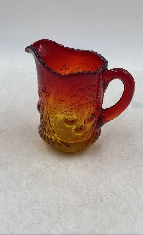 Cherry Red Gold Floral Embossed Glass Pitcher Creamer with Handle