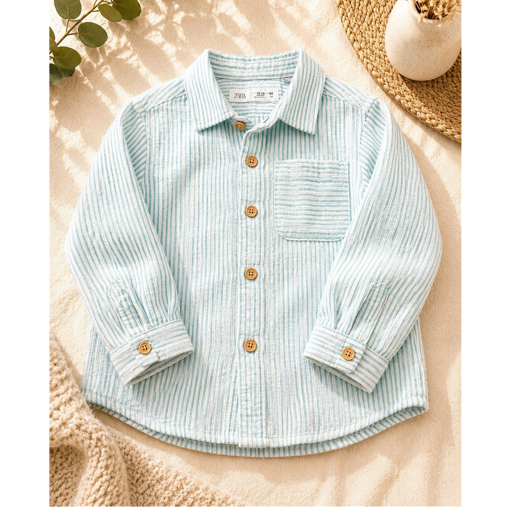 ZARA Blue White Striped Cotton Collared Button-Up Shirt 18-24 Months Long Sleeve