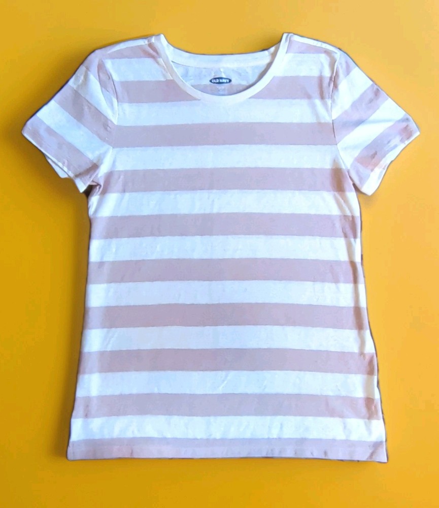 Old Navy Women's M Pink/White Striped Crew Neck Short Sleeve Slim Fit Tee