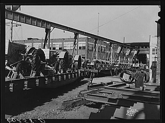 Tractors on railroad cars at Minneapolis-Moline Company. Minneapolis, Minnesota