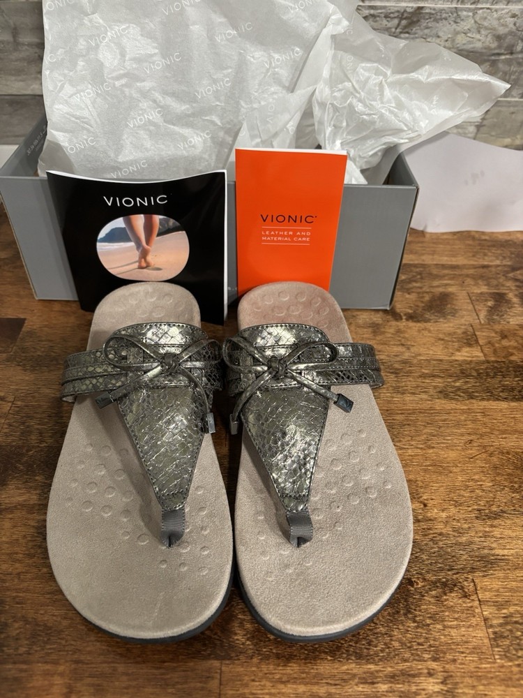 Vionic Rest Amaya Snake Embossed Thong Sandal Women's 8W Comfort Charcoal