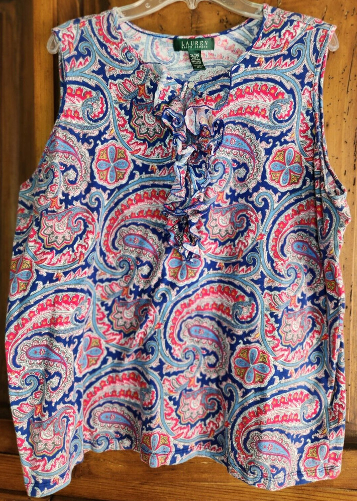 Lauren Ralph Lauren 100% Cotton Sleeveless Top w/ Ruffle Blue & Red Paisley 2X
