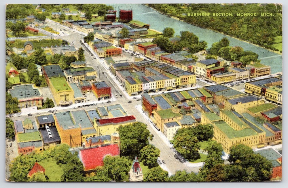 Michigan Monroe Aerial View Business Section c1954 Postcard