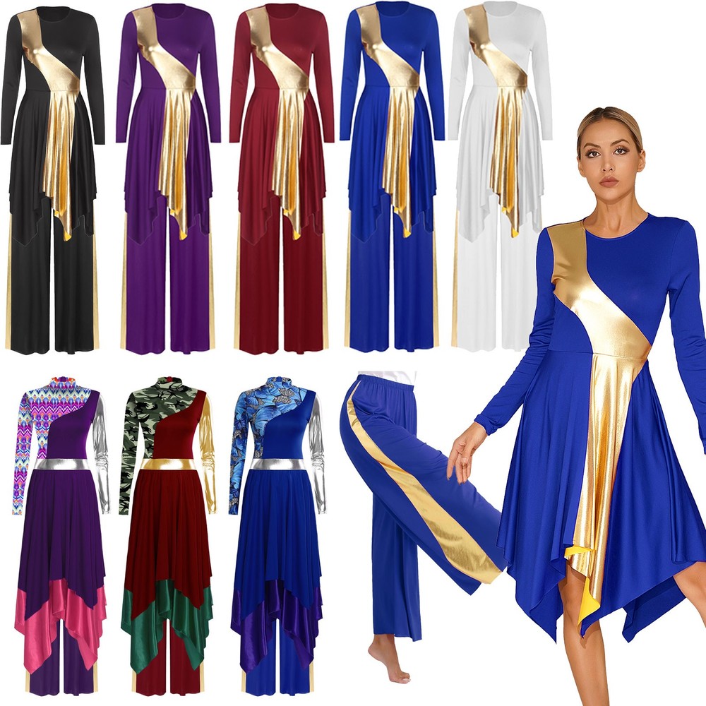 US~Women Praise Dance Dress+Pants Metallic Swing Liturgical Worship Church Robe