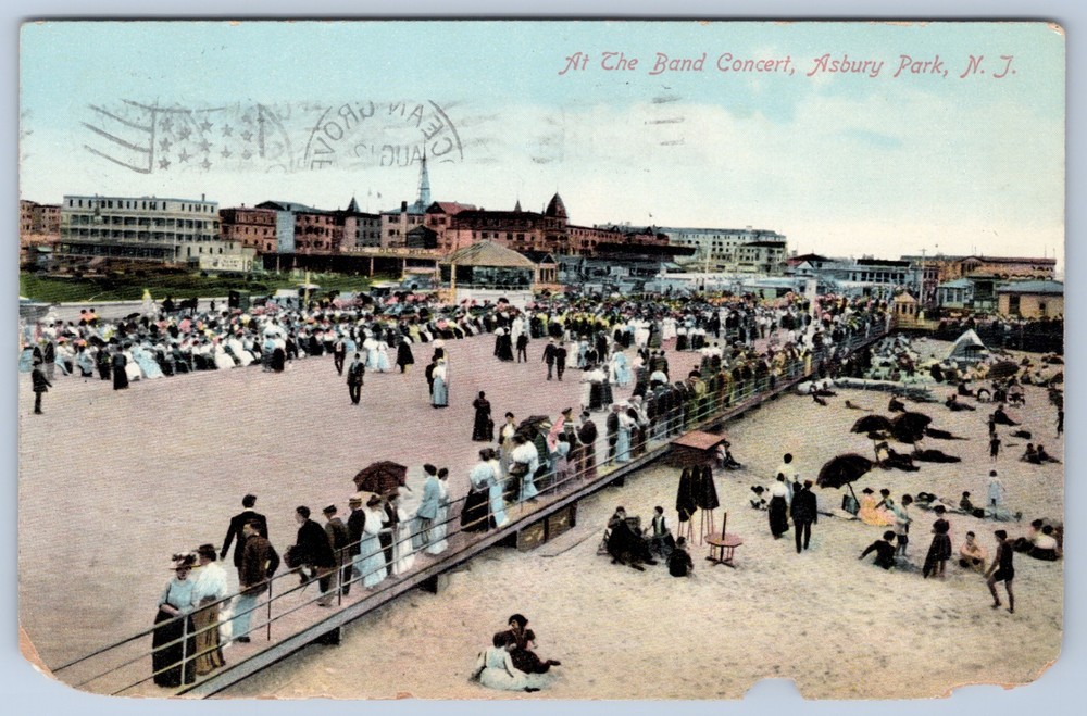 NJ Asbury Park At the Band Concert 1910 Ocean Grove Cancel Union News Postcard