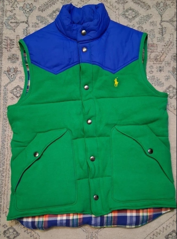 Polo Ralph Lauren Green Blue Stand-Up Collar Snap Vest Men's Size M Midweight