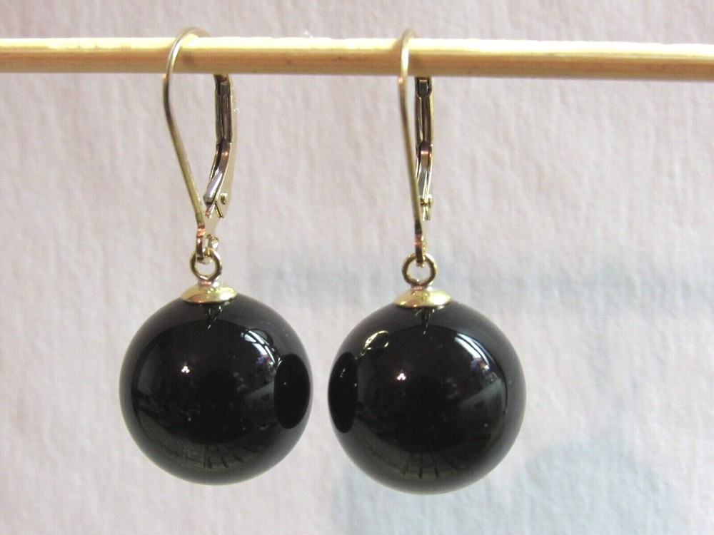 Dark Black Shell Pearl Dangle Leverback Earrings in 14K Gold Filled