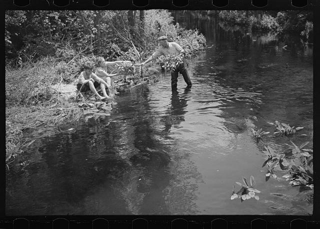 Photo:1930s Man Reaching to Two Children in Creek River Bank Scene
