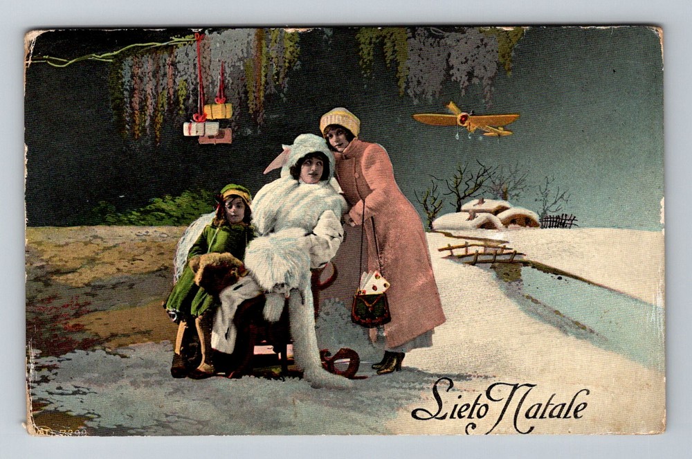 Italy- Christmas Greetings Winter Scene Mother Daughters Vintage c1916 Postcard