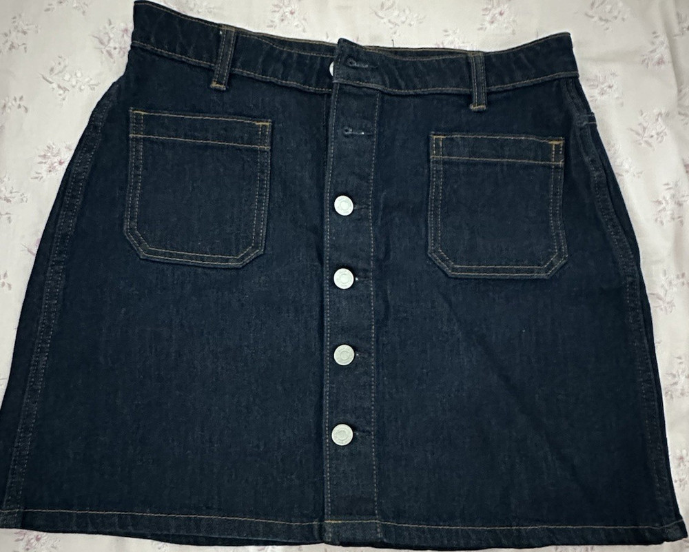 Dark Blue Denim A-Line Button Front Mini Skirt with Pockets