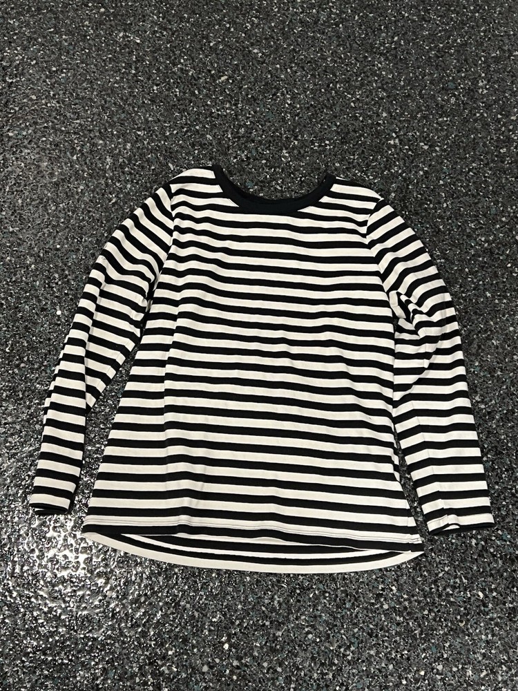 Women's Lands End Black & White Striped Cotton Long Sleeve Shaped Top