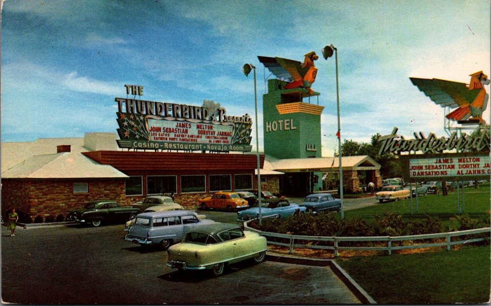 Vintage 1950s Thunderbird Hotel Casino Postcard Las Vegas Nevada Neon Sign Cars
