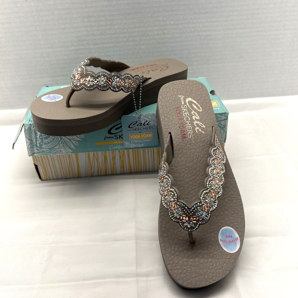 Skechers Cali Vegan Yoga Foam Sandals Happy Spring Taupe/Beaded Womens SZ 9 New