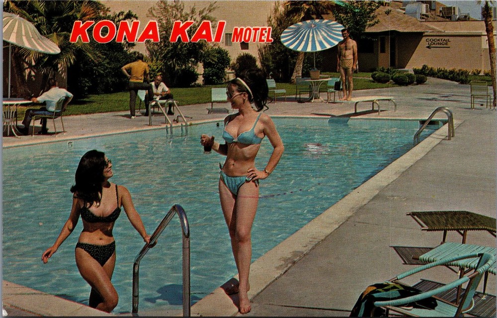 Vintage Kona Kai Motel Postcard Las Vegas NV Pool Scene Bikini Girls 1960s