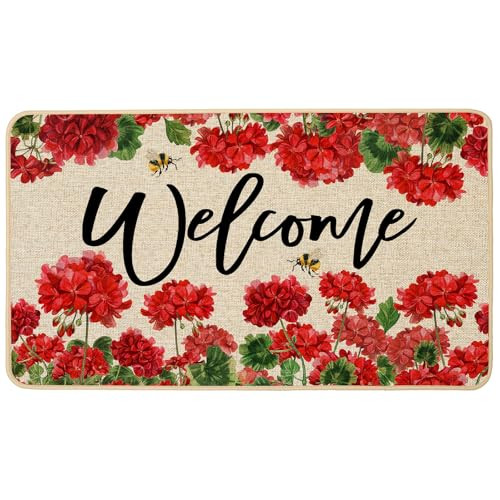 Spring Summer Geranium Doormat Outdoor Red Flroal Flower Front Welcome