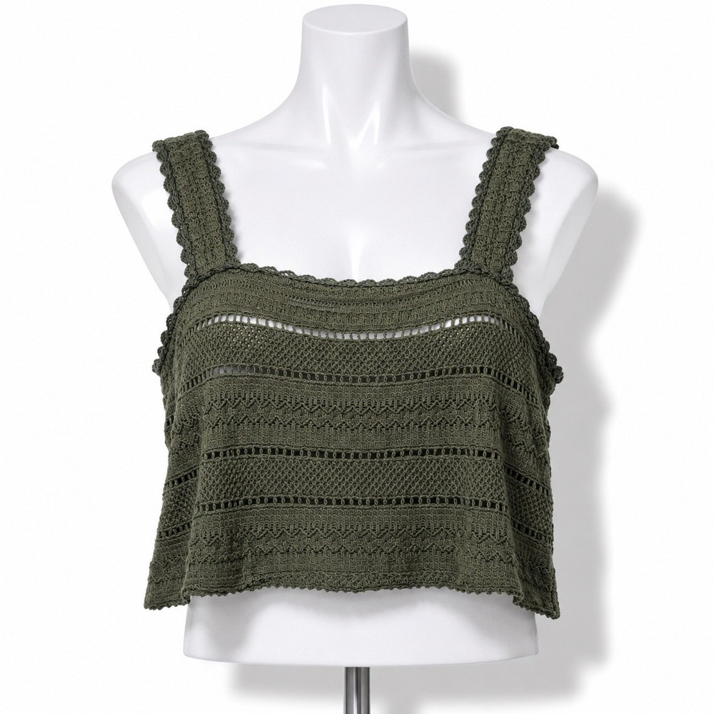 Aerie Crochet Knit Crop Top Women’s XL Olive Green Boho Tank Casual Summer