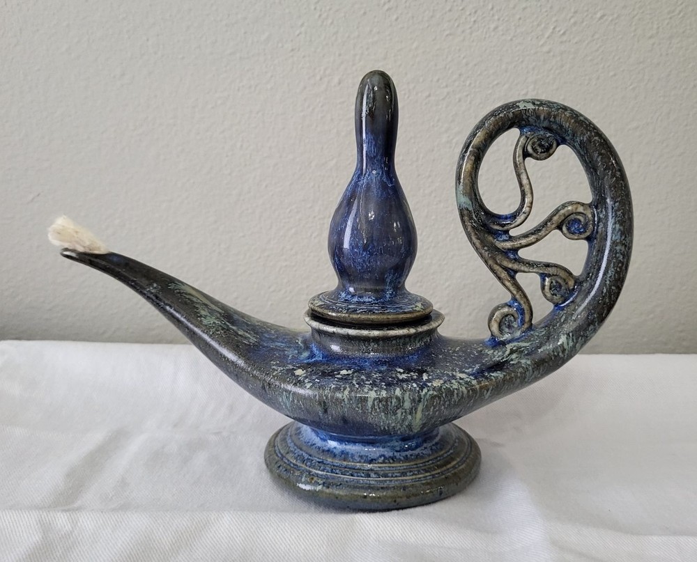 Vintage Studio Pottery Aladdin Genie Lamp Blue Drip Glaze Ceramic Art Pottery 9”