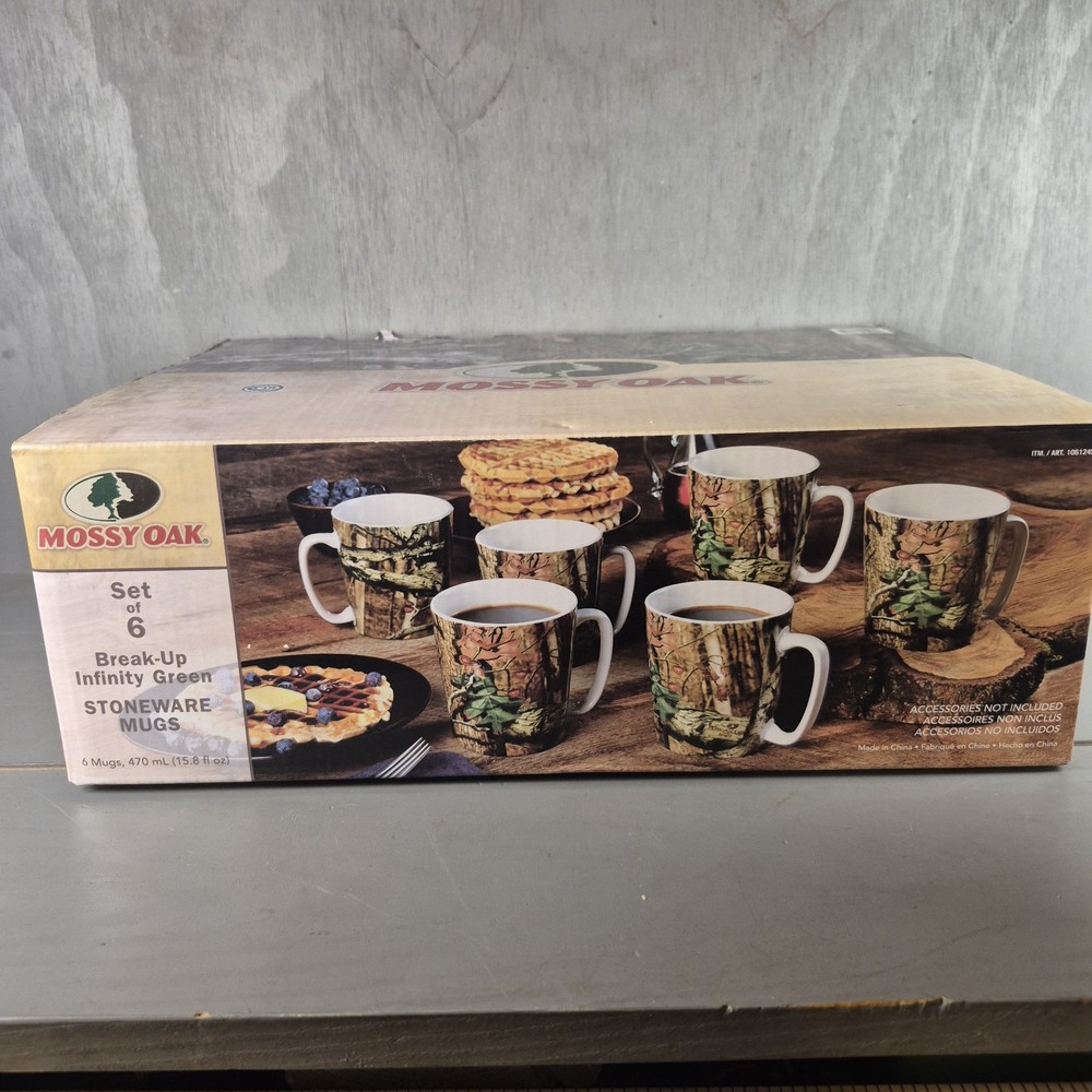 Set Of 6 Mossy Oak Break Up Infinity Green Camouflage Stoneware Coffee Mugs NIB