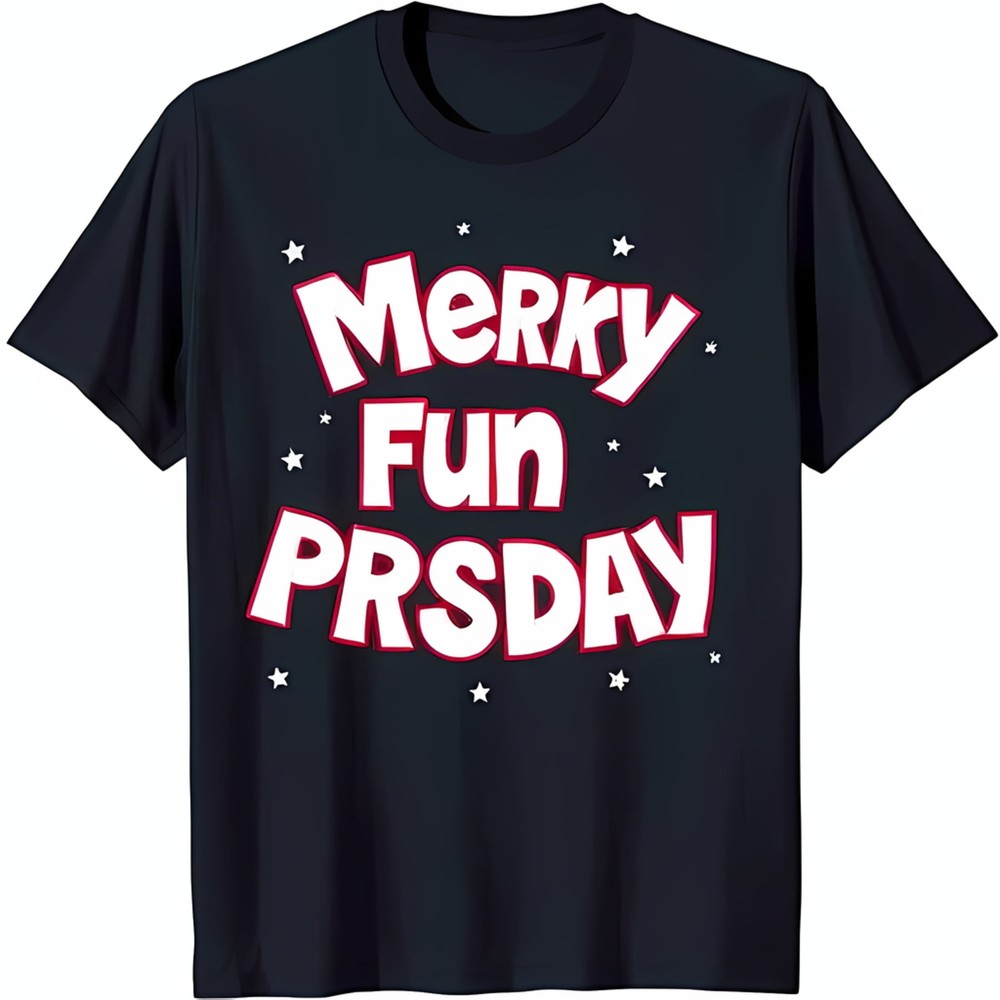 Whimsical Black T-Shirt with 'Merry Fun PRSday' Graphic & Star Accents