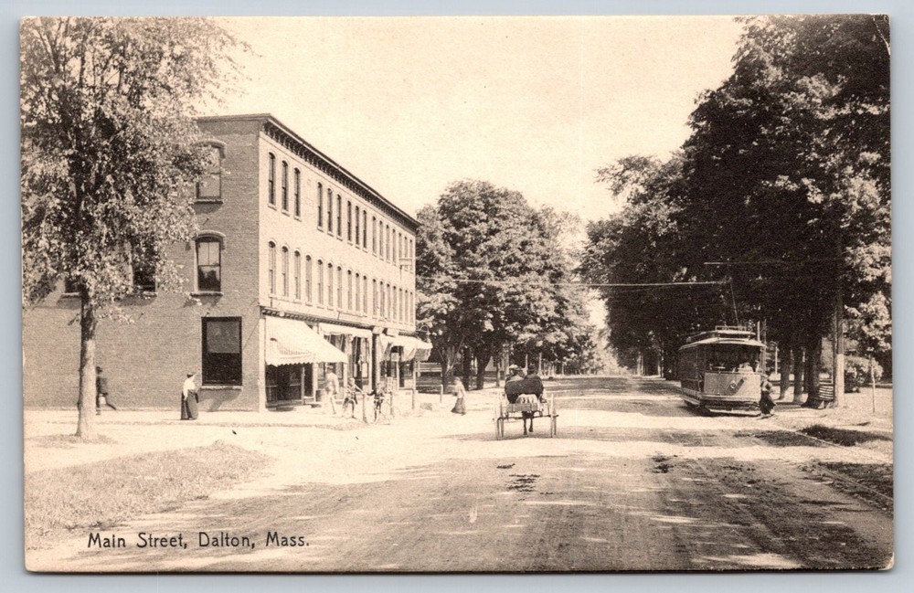 Main Street Dalton Massachusetts Postcard 1910s Rotograph Trolley Horse Carriage