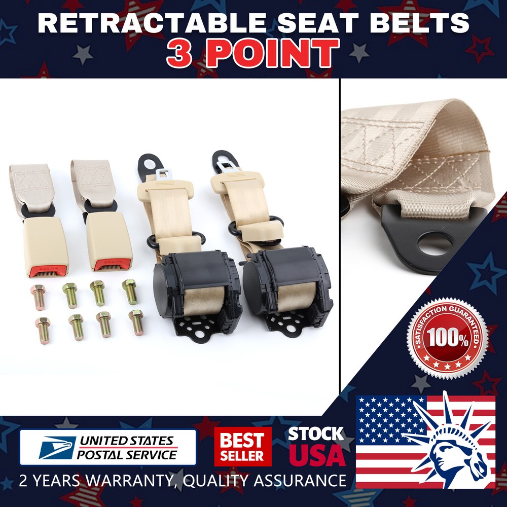 2x 3.6M Universal 3 Point Retractable Adjustable Car Reliable Seat Belt Kit