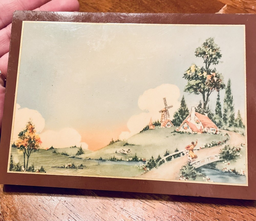 Vintage Mounted Print Wooden Plaque Windmill Farm Countryside Scene 1932