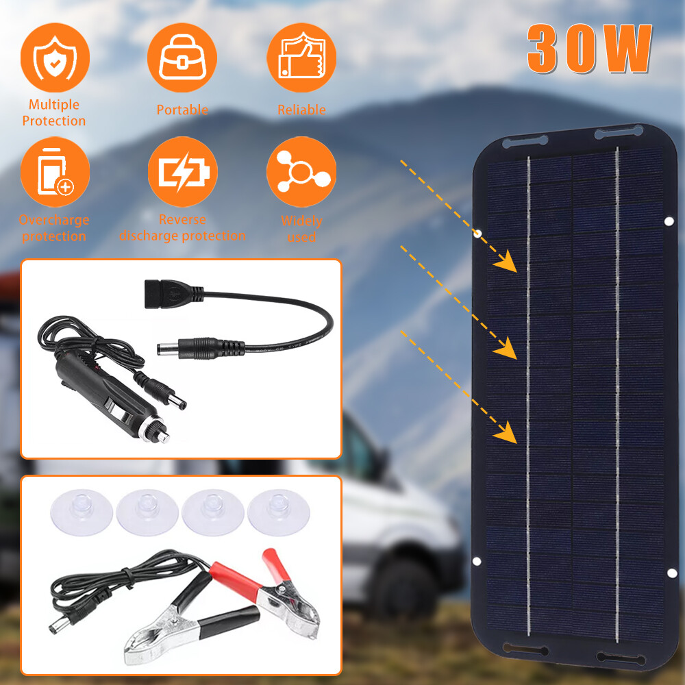 30W Solar Panel Trickle Charger with 12V Car RV Battery Maintainer Cable  