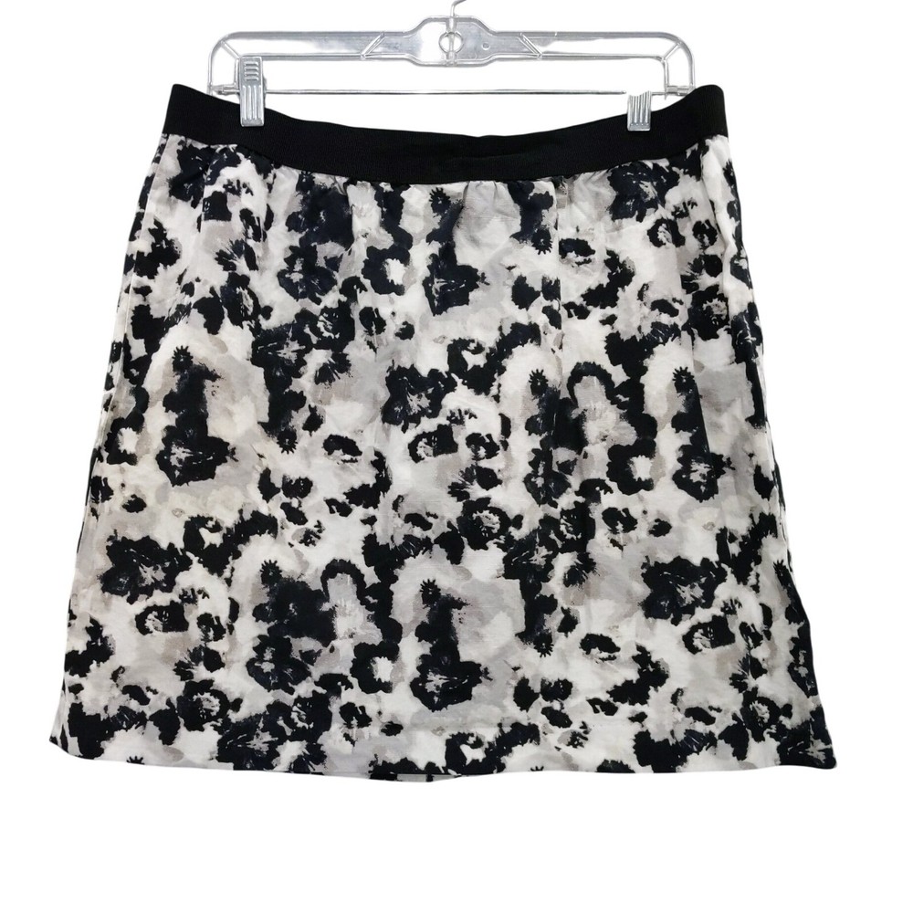 LOFT Skirt A-Line Black White Floral Print Cotton Linen Exposed Zipper Size 12