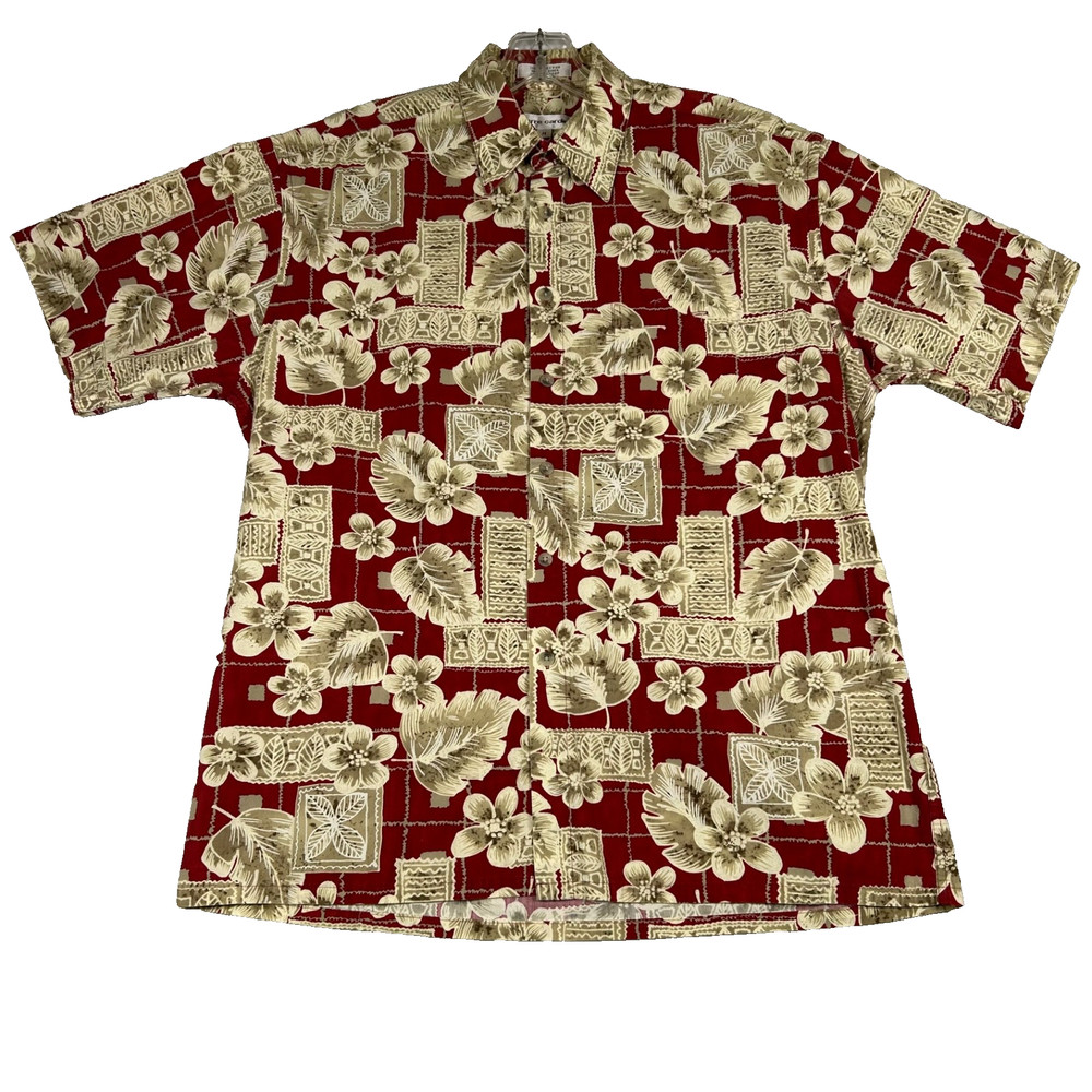 Pierre Cardin Hawaiian Shirt Mens Medium Red Floral Camp Aloha Button Up Cotton