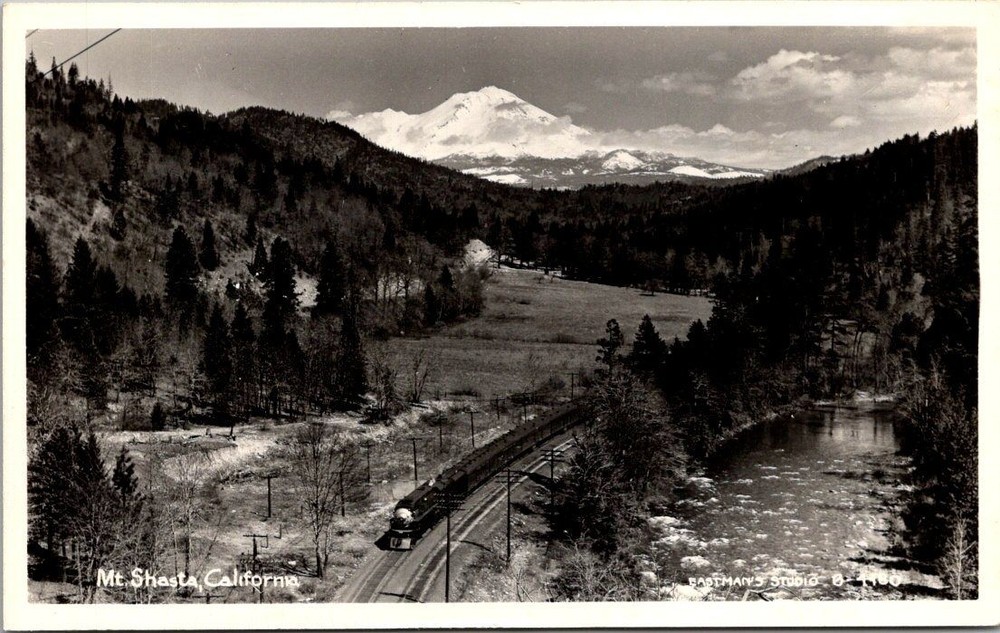 Mt. Shasta California RPPC Postcard Train River Eastman Studio Vintage