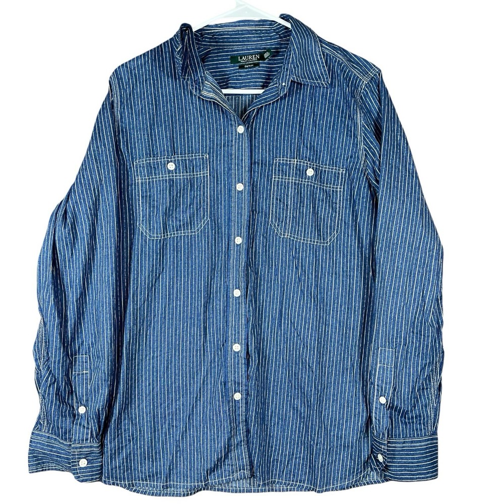 Lauren Ralph Lauren Denim Striped Button Down Shirt Womens L 100% Cotton