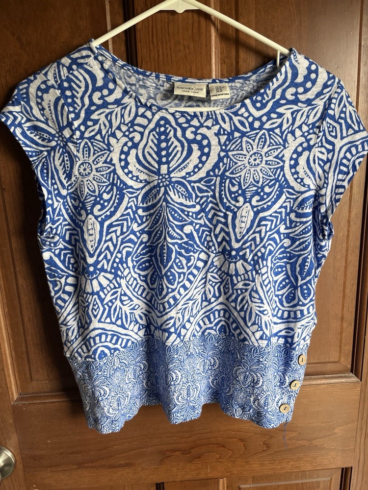 Rachel Zoe Women's Linen Short Sleeve Floral Blouse Size Medium