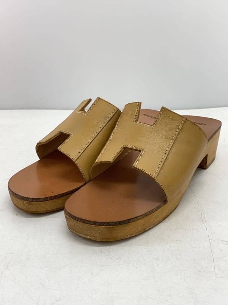 Authentic HERMES Camel Leather Slip-On Sandals Size 38 Pre-Owned F/S Japan