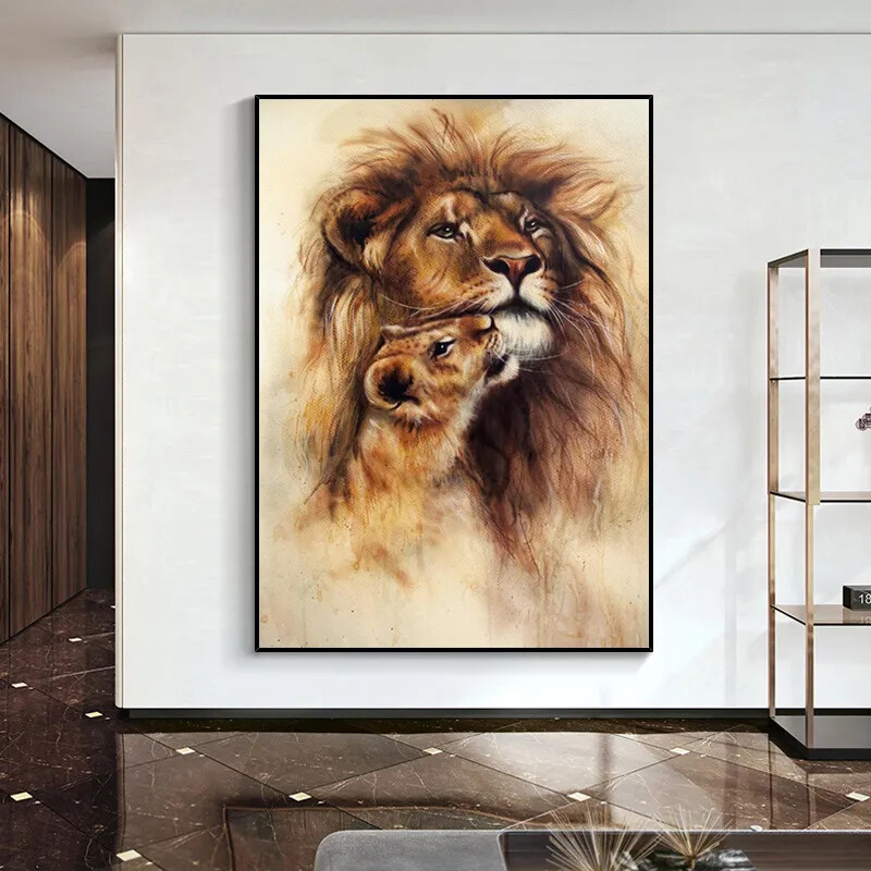 Abstract Lion Mother and Child Posters Canvas Painting Wall Art Picture