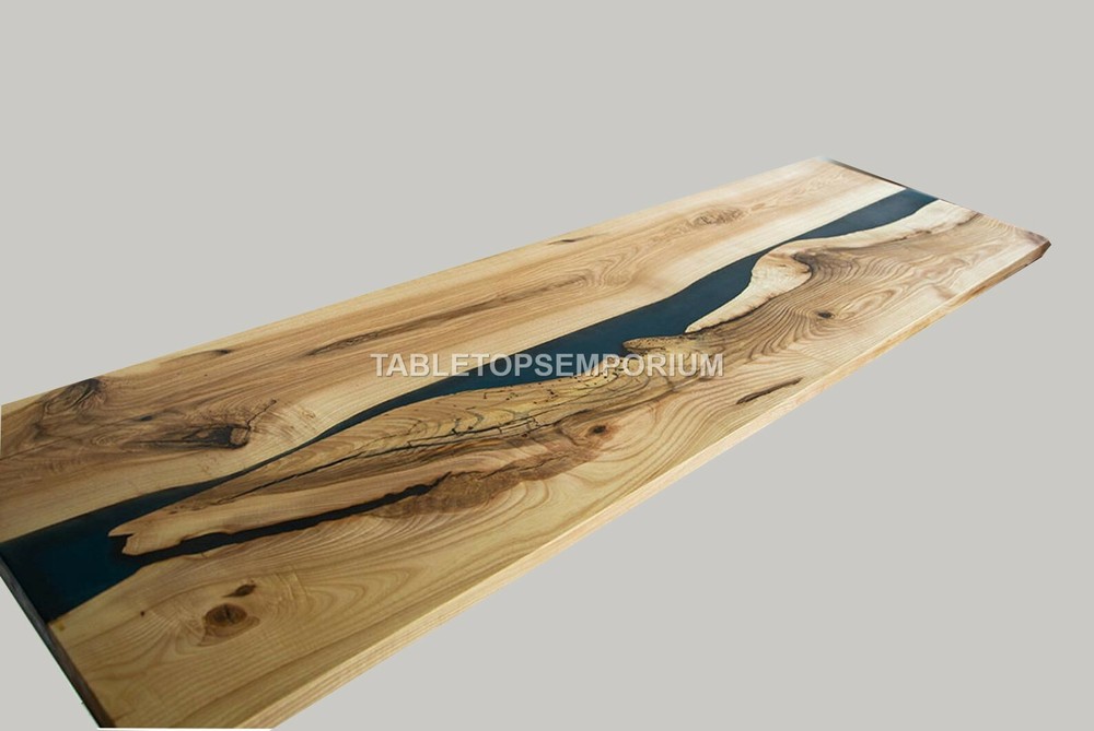 Blue Epoxy Resin And Olive Restaurant Dining Table Acacia Wood Working Top Décor
