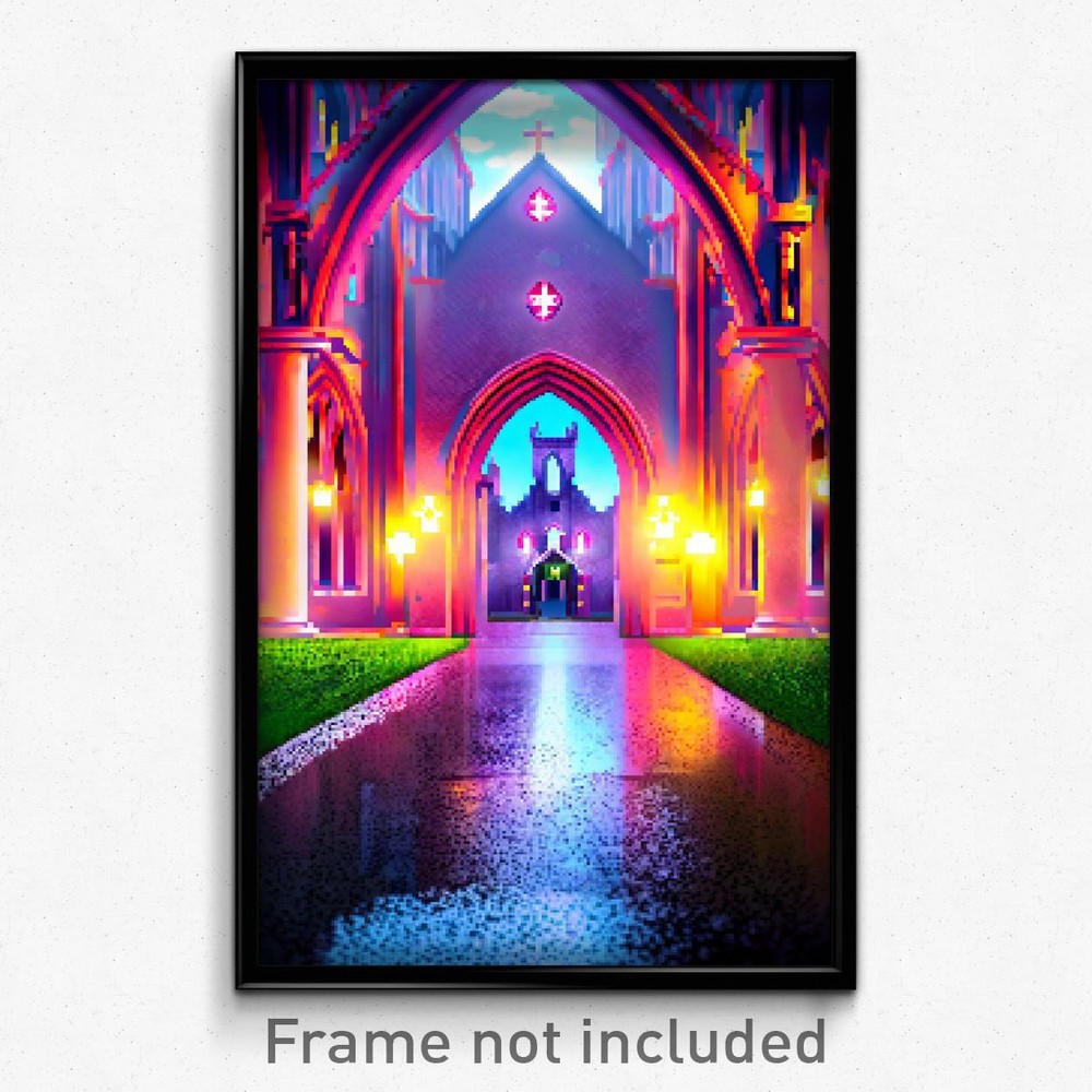 8 Bit Psychedelic Pixel Art Poster - Glossy Abbey Trippy Video Game Print