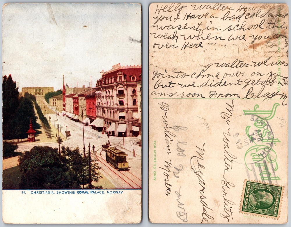 Christiania Norway Royal Palace Tram View Postcard